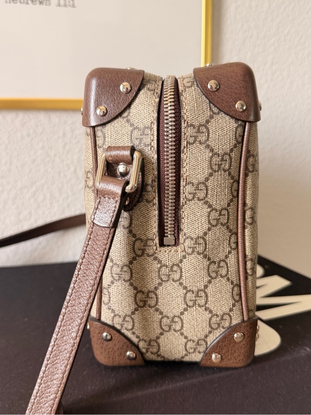 GUCCI GG Supreme Monogram Square Shoulder Bag Brown Strap Trunk Boxy - Picture 2 of 16